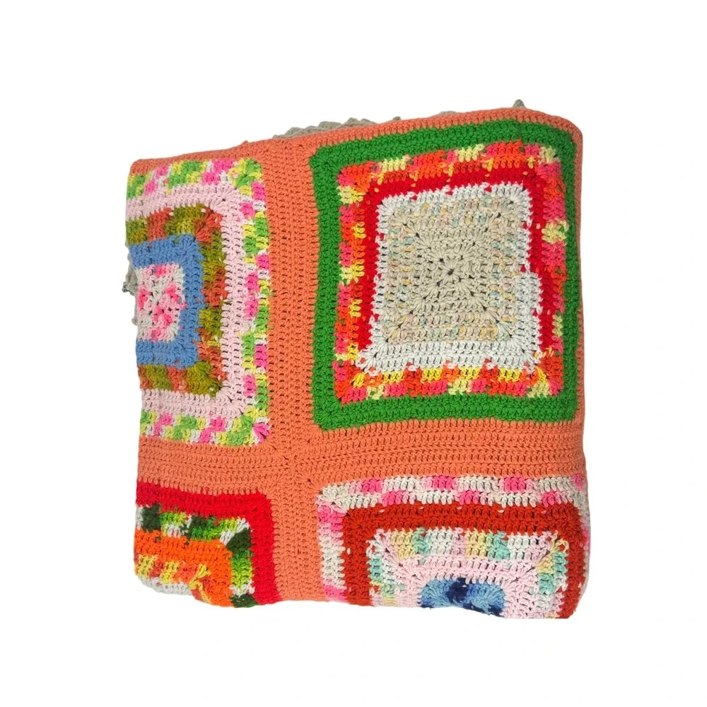 Vintage Granny Square Afghan Blanket Orange Multi Crochet Motifs 95''x115'' L